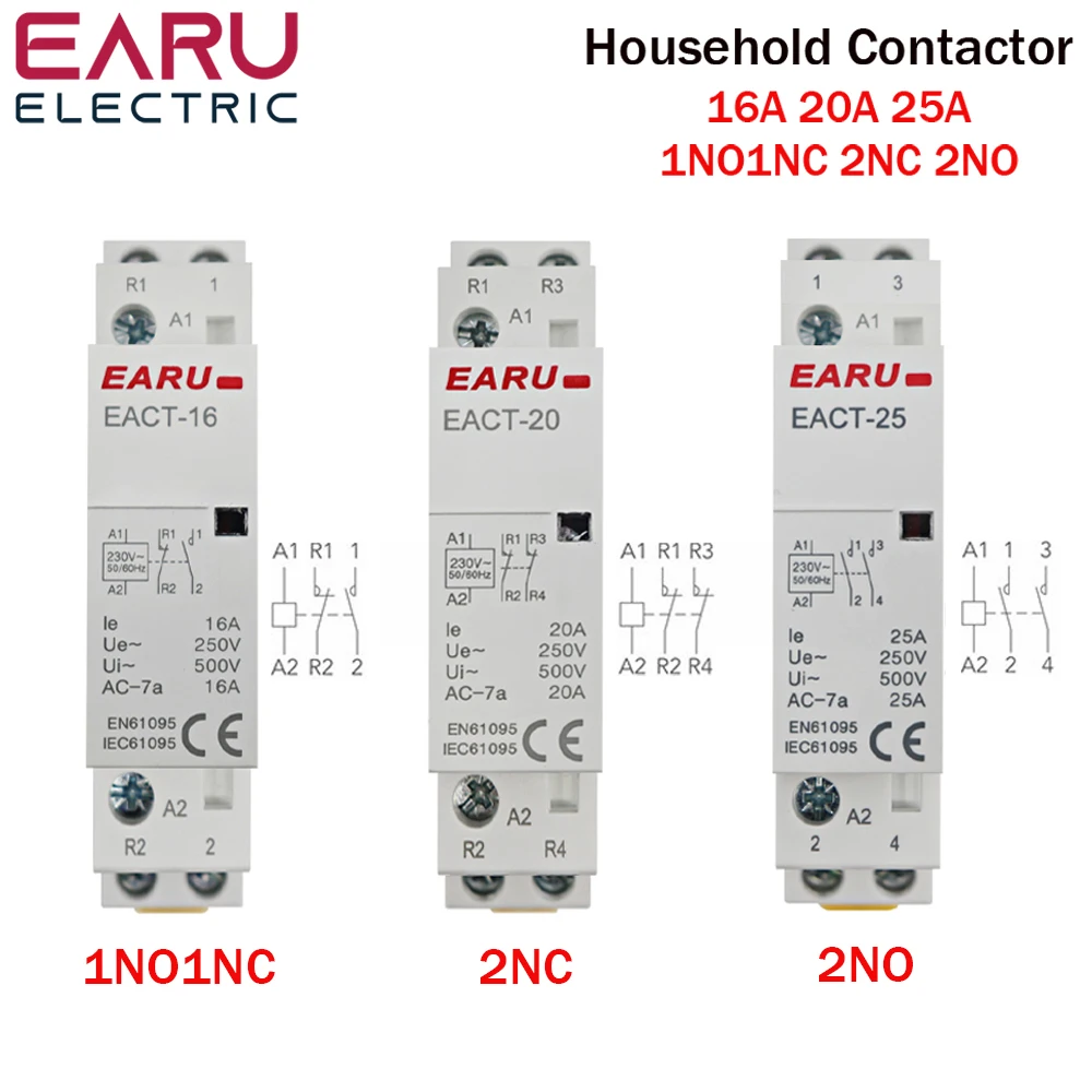 2P 16A 20A 25A 1NO 1NC 2NO 2NC AC 220V 230V 50/60Hz Din Rail Mounted Household Modular AC Contactor for Smart Home House Hotel