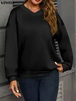 VONDA Plus Size Sweatshirts Fashion Women Long Sleeve Solid Pullovers 2025 Autumn V-Neck Casual Jumpers Loose Elegant Shirts 5XL