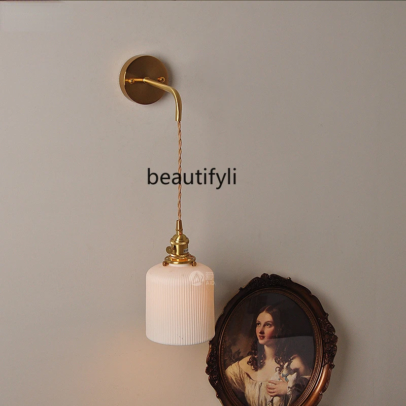 

LBX Japanese Style Brass Ceramic Pull Switch Wall Lamp Corridor Nordic Retro Bedroom Living Room