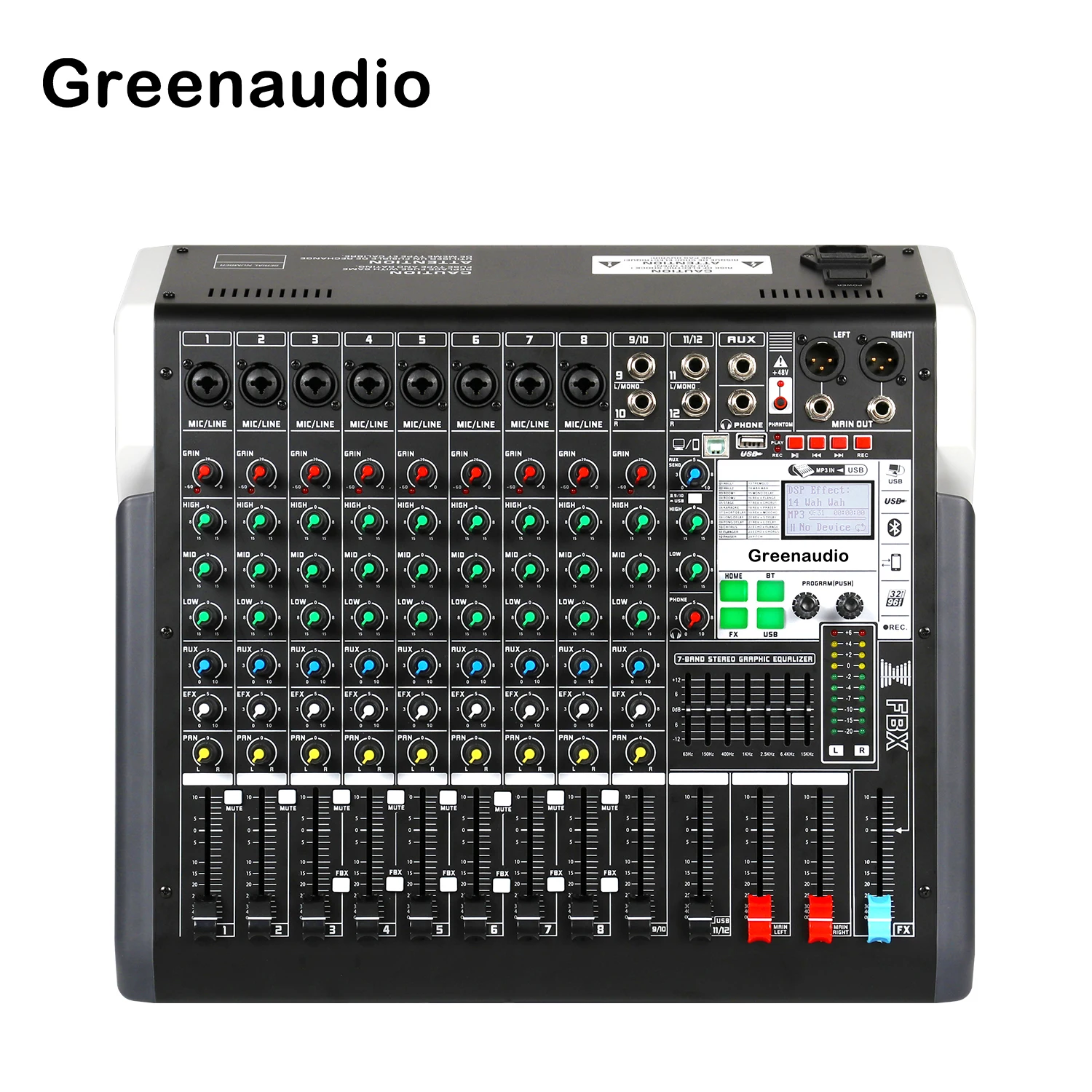 GAX-TXS12 전문 12 채널 DJ 오디오 믹서, 24 종류의 DSP 7 밴드 이퀄라이저, BT USB MP3 오디오 무대 공연 믹서