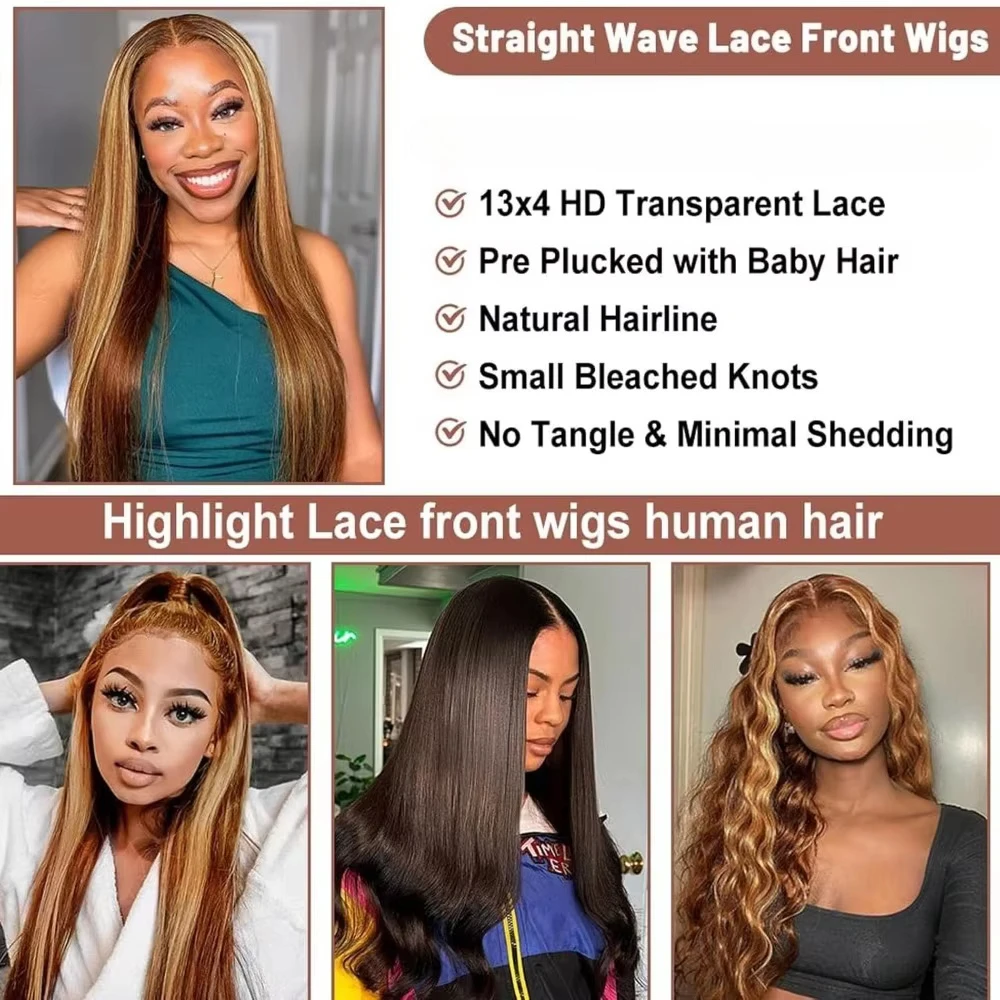 28inch 13x4 Straight Highlight Wig Brazilian Human Hair 200% Density 4/27 Colored Honey Blonde 5x5 HD Lace Frontal Wigs Glueless 5