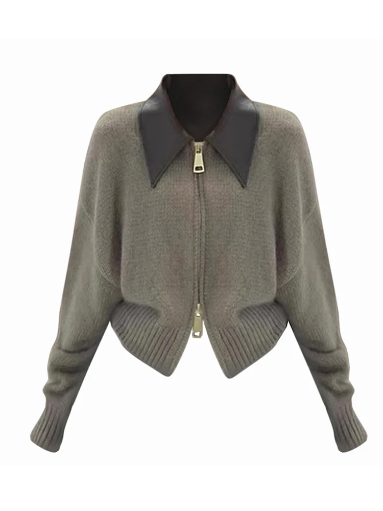 

Autumn Winter Woman Full Zip Cardigan Korean Fashion Cropped Sweater PU Turn-down Collar Patchwork Knitwears Vintage Old Money