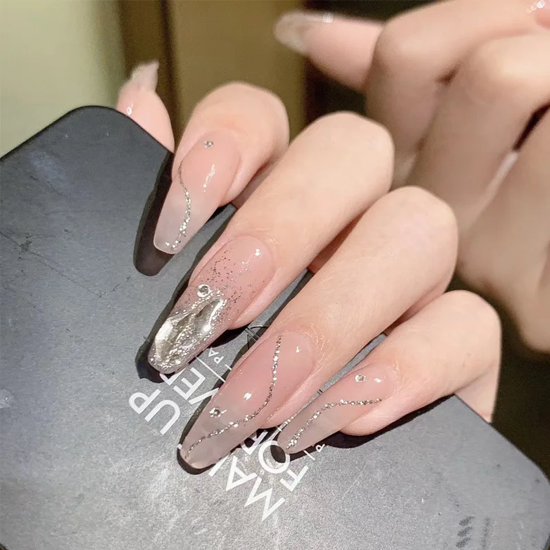 

24Pcs Shine Sliver Line False Nail For Women Acrylic Removable Press On Nail Patch Long Finished Fake Nails
