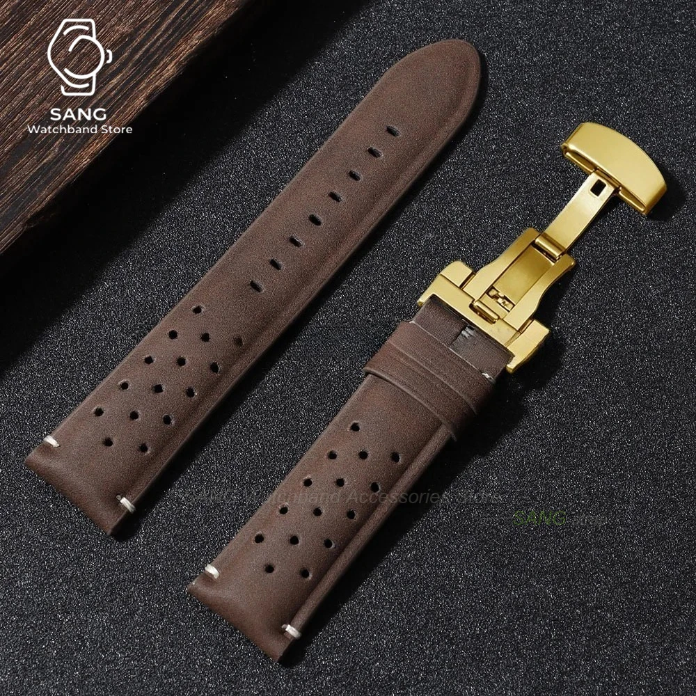 Vintage Brown Leather Strap with Butterfly Buckle - Breathable Business Watch Band Bracelet in Matte Finish