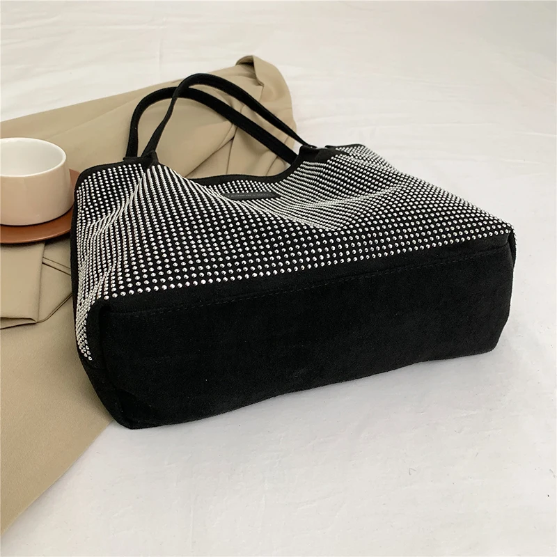 Hasp Pu Ladies Shoulder Bags Rhinestone Design Sewing Thread Bags for Women New Fashion Underarm Shopper Totes