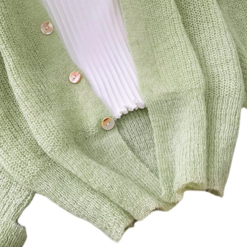 Green Mohair Knitted Cardigans Women Spring Autumn Single Breasted Thin Hollow Out Sweater Coats Gentle Elegant Soft Tops 5