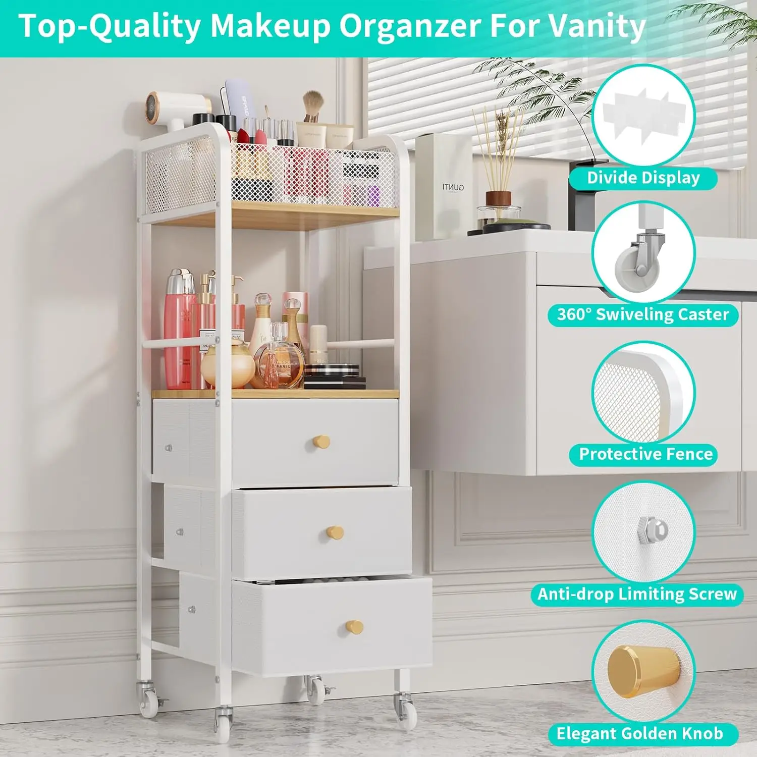 Rolling Makeup Cart Organizer - Floor Skincare Make Up Storage with 3 Drawers, Vanity Organizer Cosmetic Display Cases 5