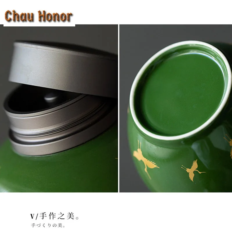 Retro Emerald Gold Crane Art Ceramic Tea Pot Household Double-layer Sealed Pot Small Convenient Tea Moisture-proof Storage Caddy
