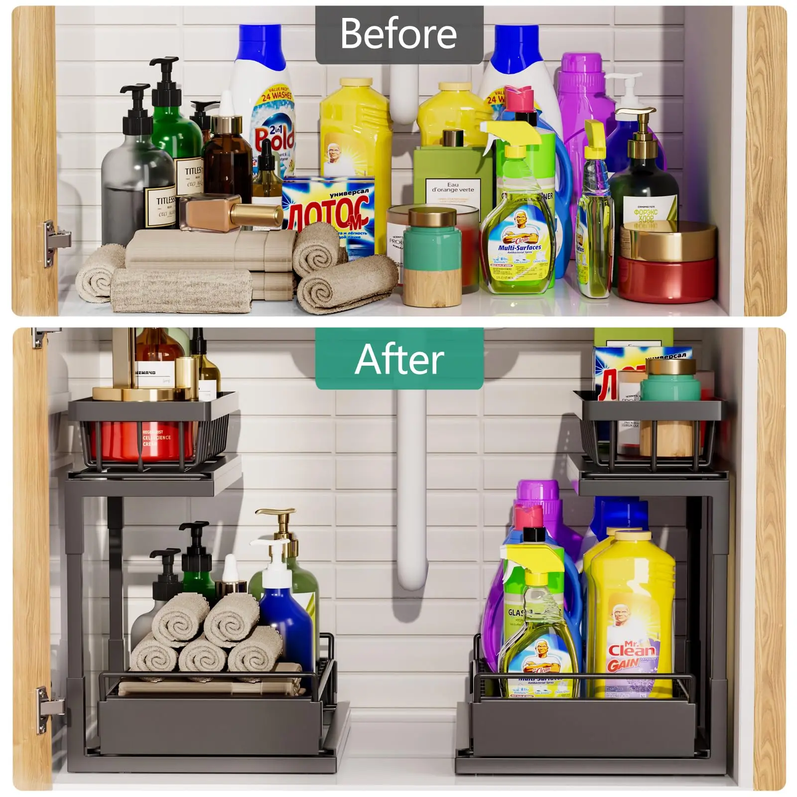 2 Tier Under Sink Organizer and Storage Basket,Slide Out Under Cabinet Organizer Shelf,Multi-Purpose Pull Out Drawer Cabinet 3