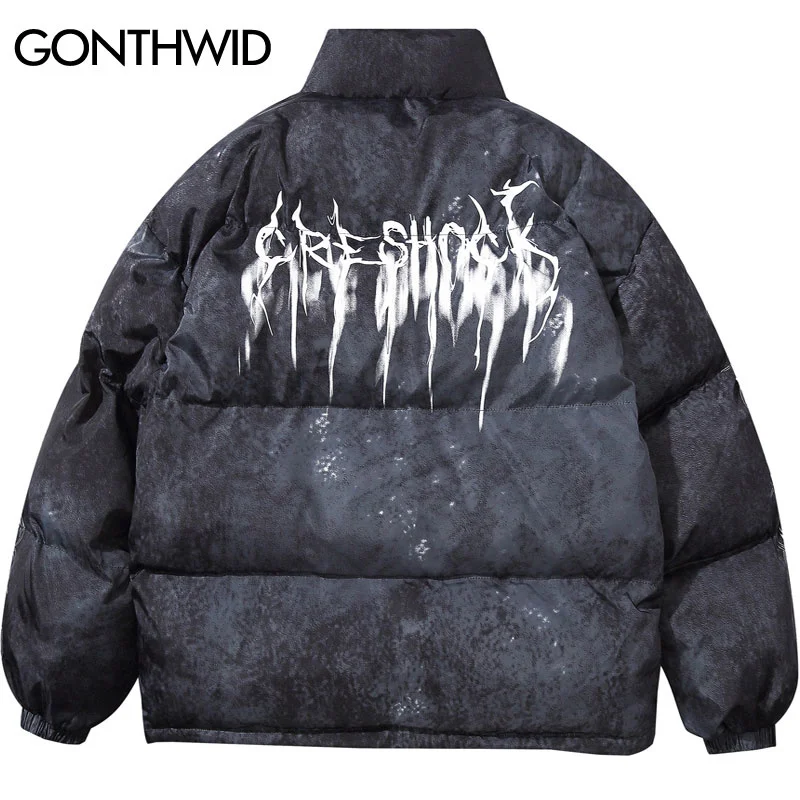 

Graffiti Ink Tie Dye Print Cotton Padded Puffer Parka Jackets Streetwear Hip Hop Winter Casual Punk Rock Parkas Hipster