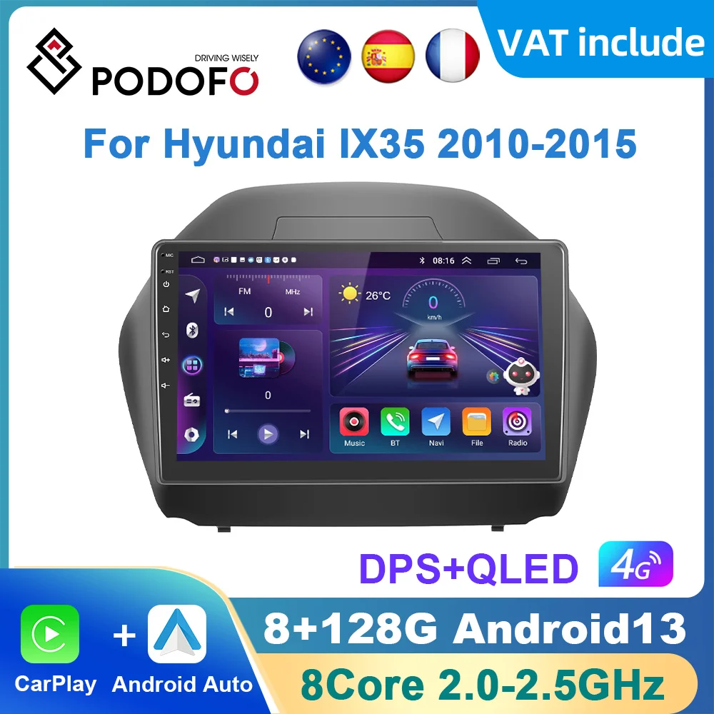 Podofo Ai Voice Android Carplay Autoradio Per Hyundai Ix35 2010-2015 2Din 4G Navigazione Multimediale Gps Autoradio Dsp