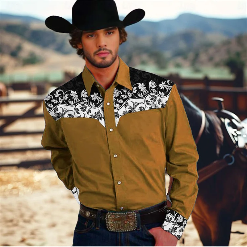 thumbnail image 1 of Camisa de hombre estilo occidental con estampado floral, para entrenamiento formal, boda, verano, primavera, manga larga, azul, tallas S-5XL, poliéster, talla europea 2024, 1 of 5