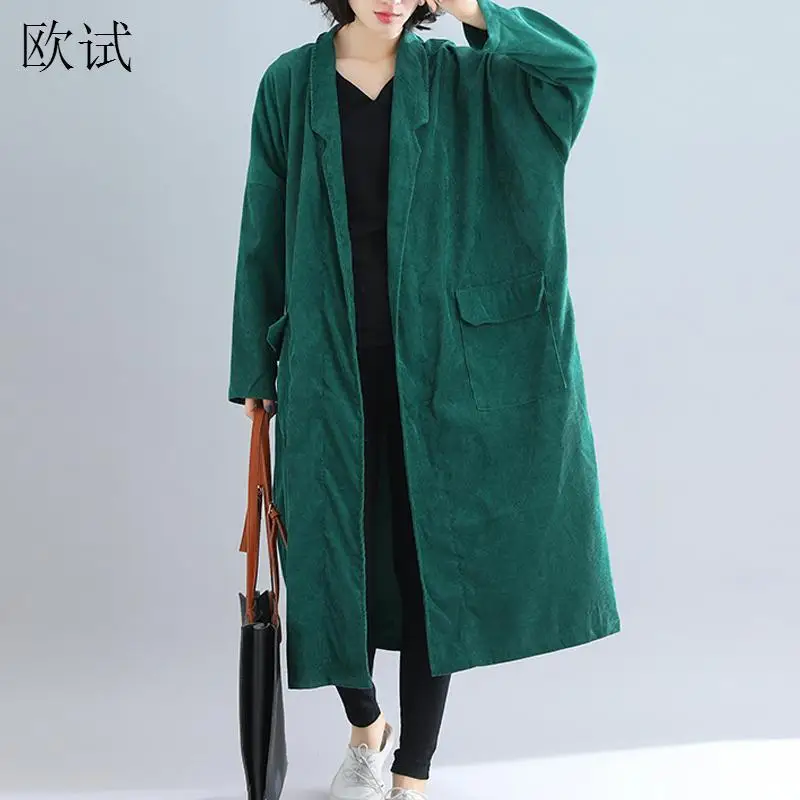 Oversized Long Trench Coat for Women 2022 Fashion Corduroy Clothes Autumn Vintage Oversize Overcoat Cardigan Loose Coat