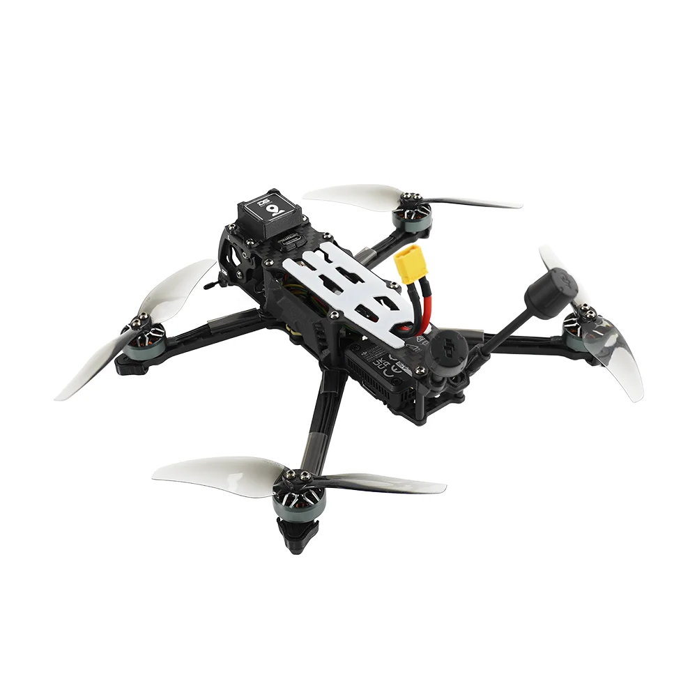 Vue de dessus du drone FPV Analog ou DJI O4 Pro avec GPS, montrant la disposition des composants.