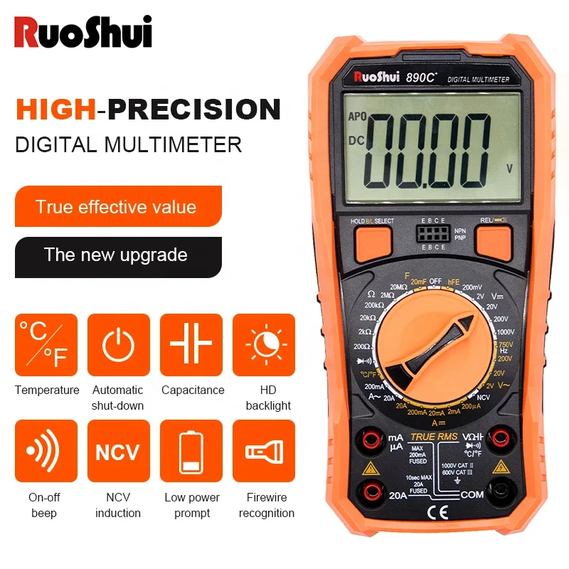 

Ruoshui 890C Plus Digital Multimeter 1999 Counts Manual Frequency Temperature Voltage Ammeter AC DC DMM Capacitor Tester NCV