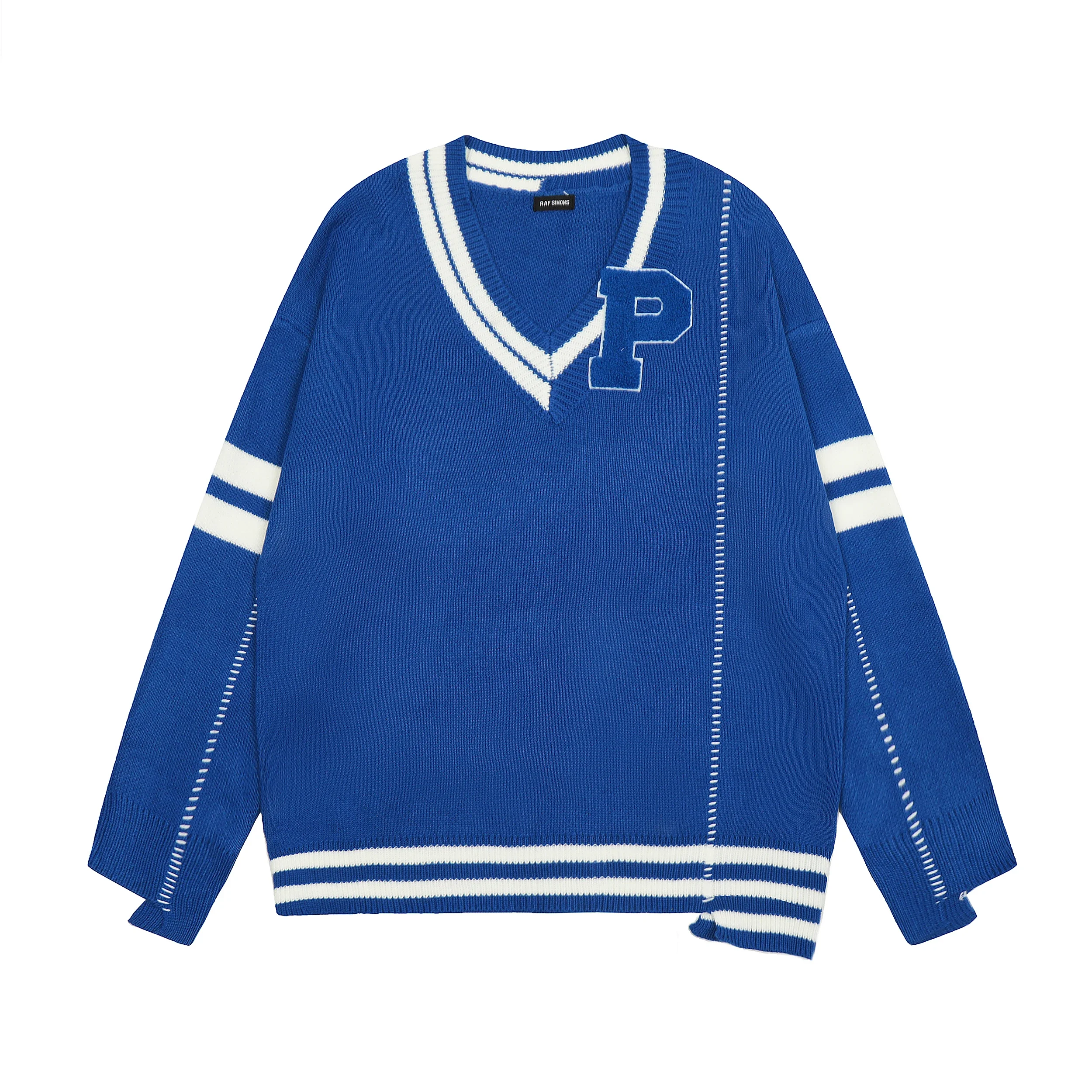 

Damaged Irregular Hem Striped V Neck Sweater for Men and Women Streetwear Wool Knit Pullover Sueter Y2k Baggy Fall Sweaters
