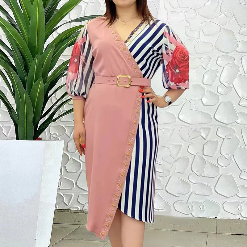 Spring Autumn Fashion Striped Patchwork Plus Size Dress Women Print Elegant Three Quarter Sleeve Oversized Vestidos De Fiesta