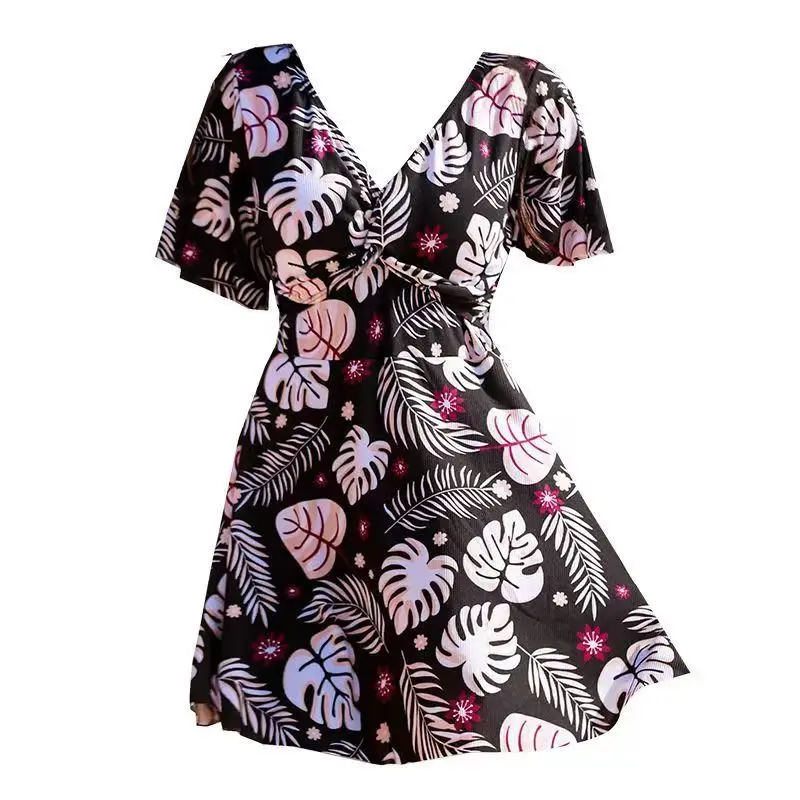 Casual Conjoined Body Swimwears Summer Women Clothes Fashion V-Neck High Waisted Print Short Sleeve Backless Loose Swimming Suit
