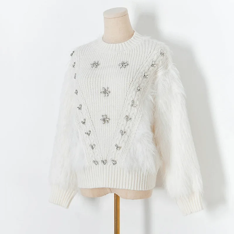 

2024 Autumn Winter Diamond Beading Mohair Tassles Design Pullover Long Sleeve Knitted Sweater Women Black White Jumpers