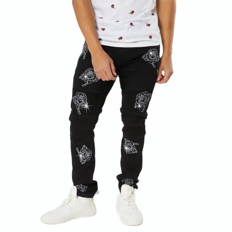 Men's Stretchy Black Jeans Skinny Punk Youth Streetwear Biker Pants Rhinestone Hole Slim Fit Denim Pencil Trousers For Man New