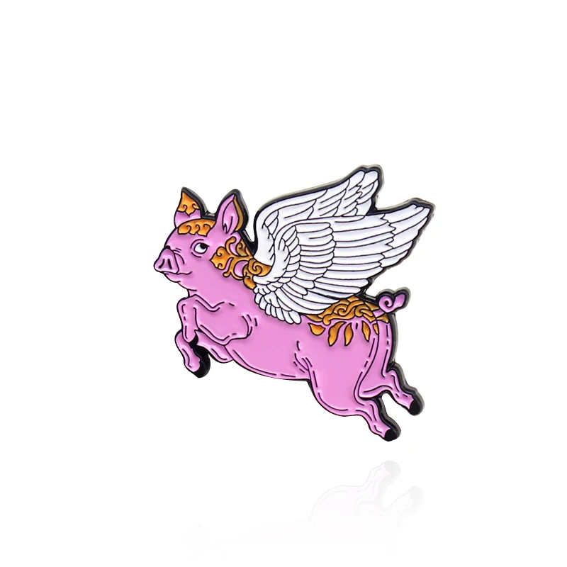 Cartoon Pink Angel Snail Pig Enamel Pin Pink Flying Pig Volcano