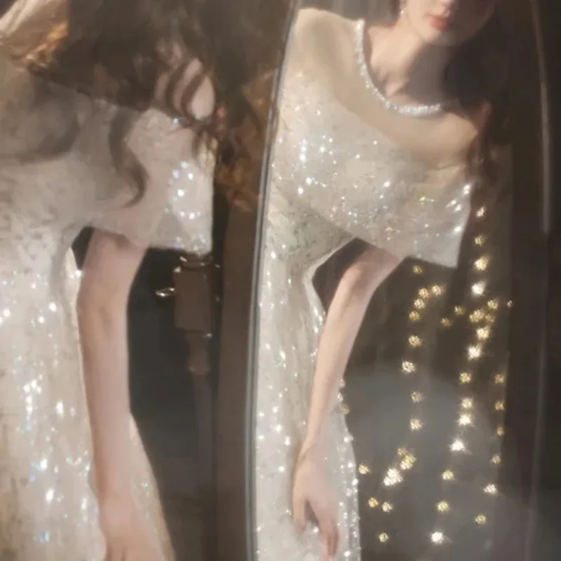 Sparkling Champagne Prom wedding party dress Off The Shoulder A-line Elegant Slim Evening Dresses Bridesmaid  vestido de festa