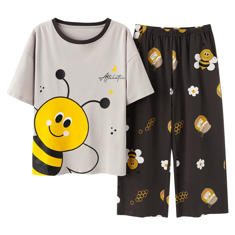 Women Pajamas Set Women Pajama Suit Summer Knitted Cotton Cartoon Pajamas Sets Women Pyjamas Sleepwear Nightwear Calf-Length Pants Homewear Plus Size
