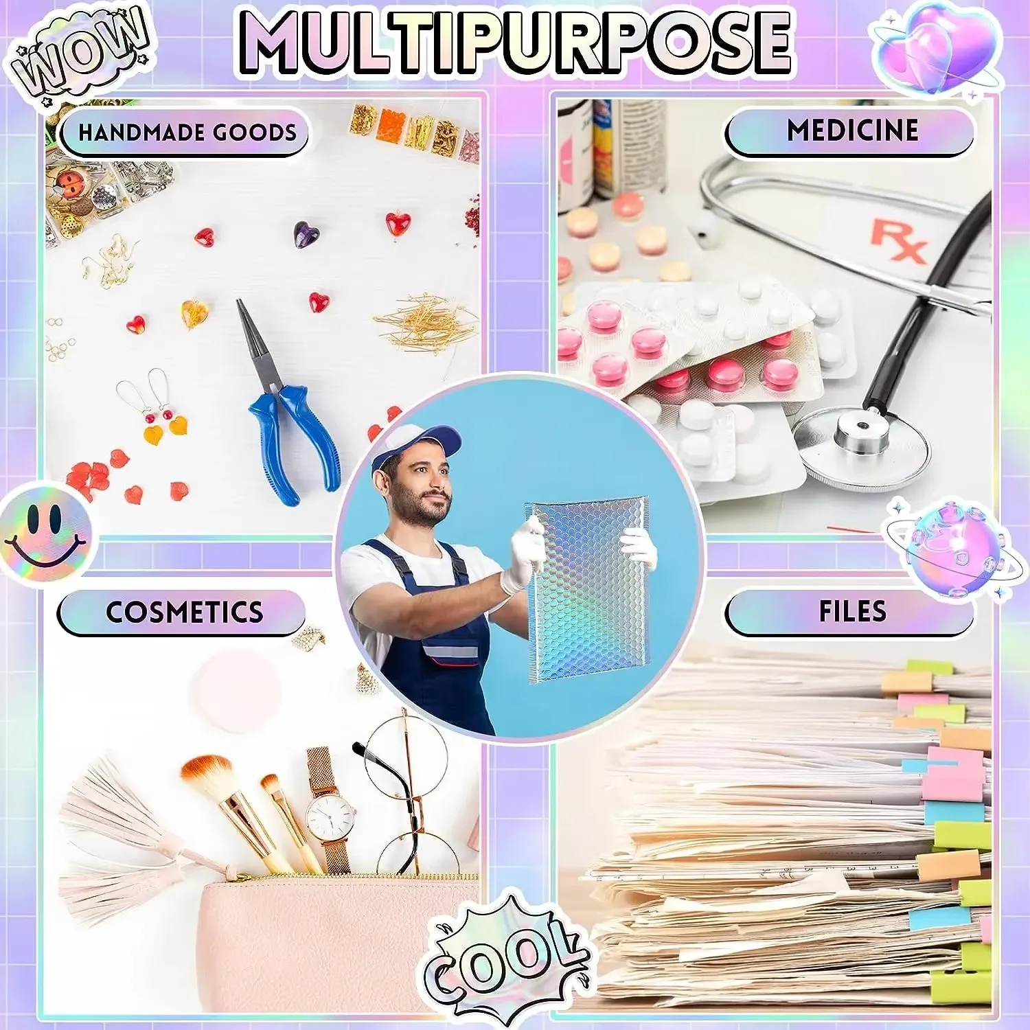 50pcs Envelopes Bubbles Shipping Bags Packages Holographic Mailer Laser Bubble Mailers Small Business Supplies Self Seal Mailing 4