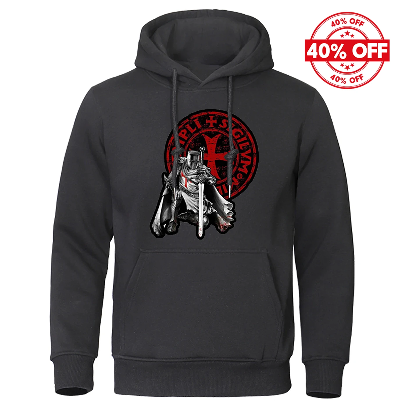 Mens Solid Color Pullover Hoodie Knights Templar Pattern