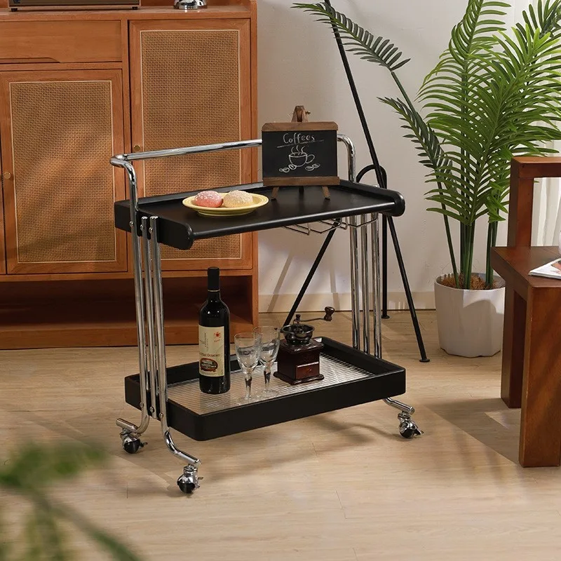 H2O HOUSE Mid Ancient Style Small Cart Storage Rack Movable Edges Living Room Solid Wood Retro Snacks Meals Lathe Cabinet
