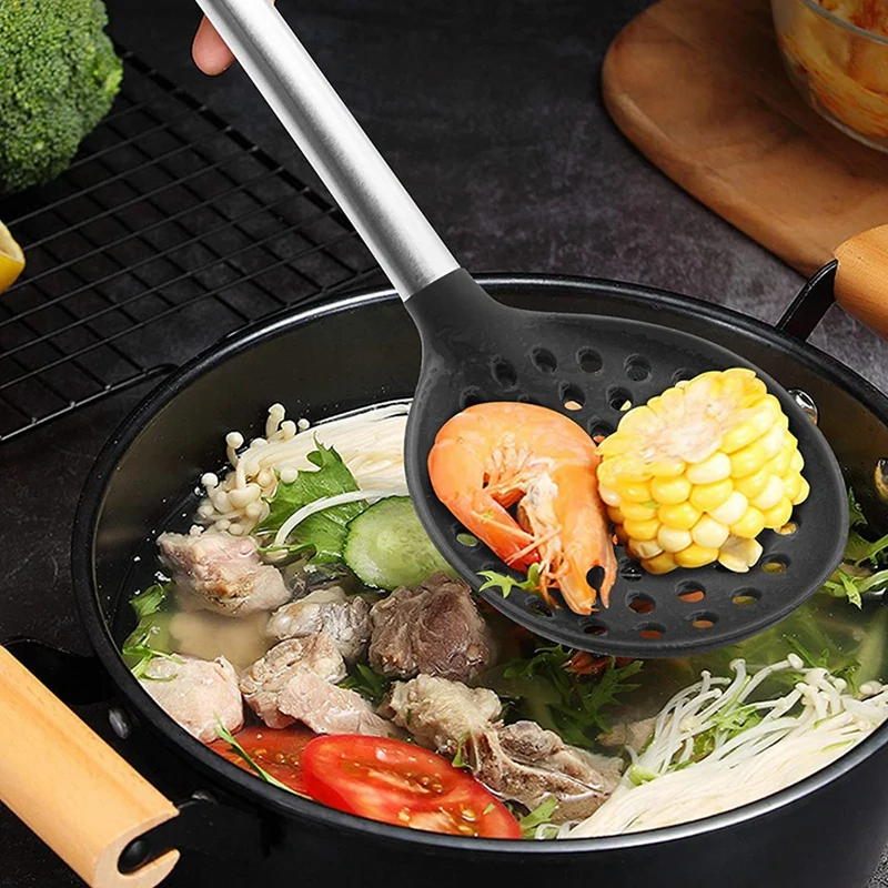 Silicone Slotted Spoon, BPA-Rree & Heat Resistant Up To 480°F, Stainless Steel Handle Seamless Nonstick Kitchen Skimmer