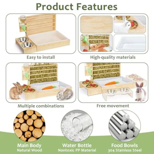4 in 1 Rabbit Hay Feeder with Litter Box Small Animals Hay Rack with Water Bottle and 2 Bowls Wooden Bunny Hay Holder Feeder To