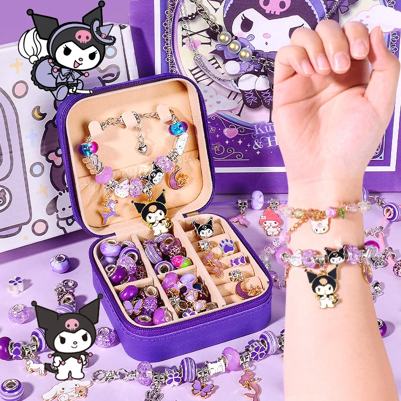 

Набор бисерных браслетов Kuromi Diy с ящиком для хранения, детский подарок для девочек, акриловые европейские бусины ручной работы с большим отверстием, искусственные бусины