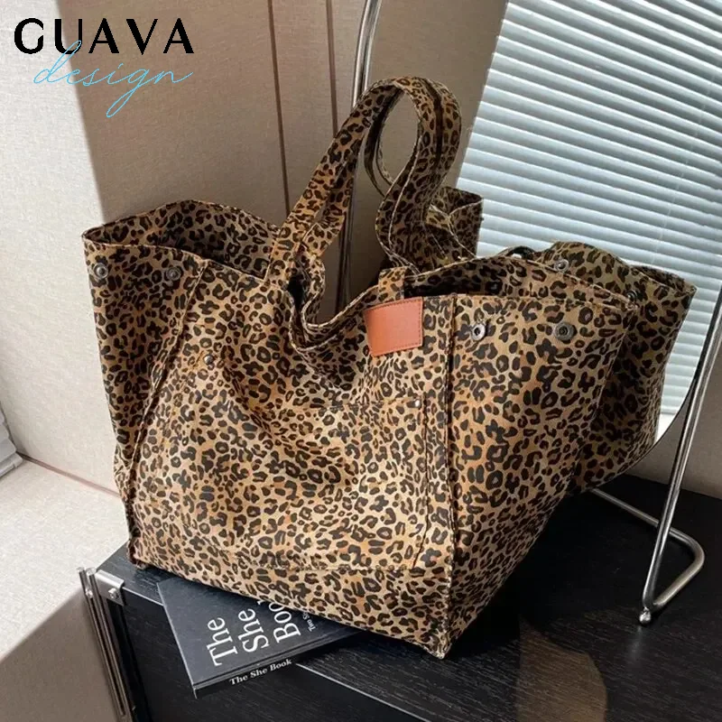 Canvas Shoulder Bag Leopard Pattern Vintage Big Capacity For School Work Shopping