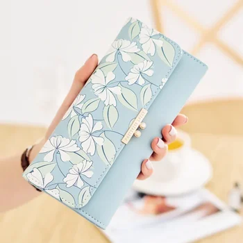 Portafoglio carino da donna Portafoglio lungo con stampa floreale Portafoglio femminile con pochette a tre pieghe Portafogli di grande capacità Ş