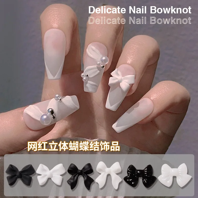 50pcs Black White 3D Bowknot Ribbon Bow-tie Resin Nail Art Jewelry Nail Ornament DIY Classic Fairyism Nail Parts Accessories 2