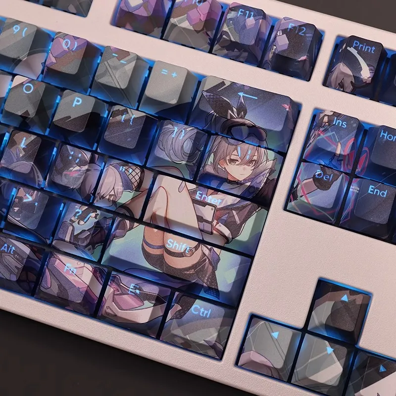 Pbt Dye-subbed Anime Gaming Key Caps Conjunto de 108 Conjuntos de Honkai Star Rail Silver Wolf Keycaps Teclas Retroiluminadas 61 87 104 108 Layout - Imagem 2