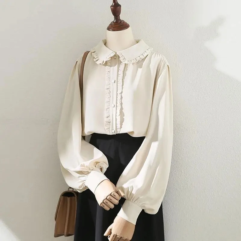 

GIDYQ Elegant Apricot Blouse Women Sweet Kawaii Peter Pan Collar Long Sleeve Shirts Vintage Loose Casual Lantern Sleeve Tops