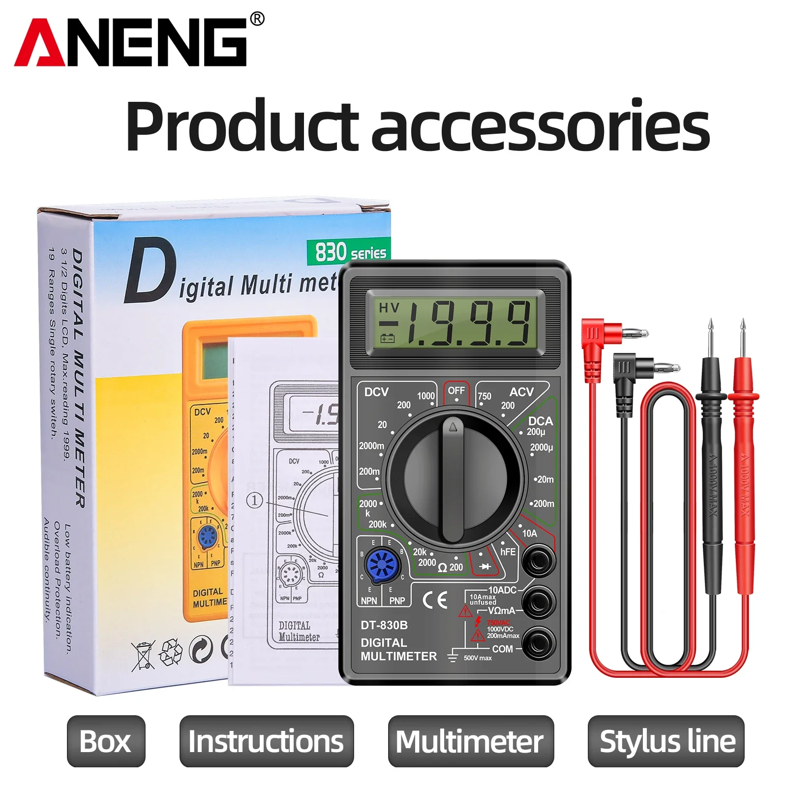 Multimètre numérique ANENG DT-830B 1999 comptes - Testeur tension courant résistance AC/DC