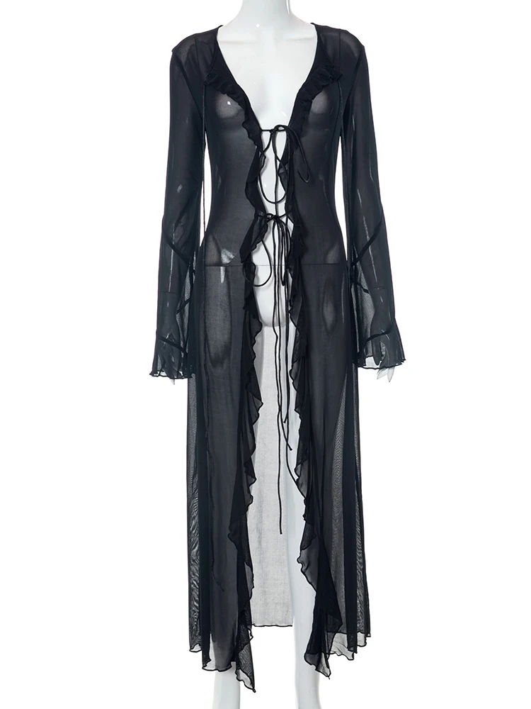 Cárdigan largo de malla para mujer, de verano, liso, con cuello bajo, manga larga y volantes, sexy, transparente, ropa de tendencia