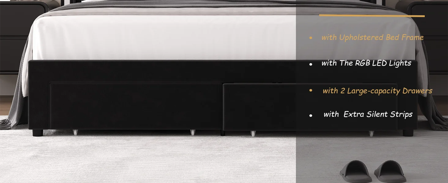 Description Picture 3 of itemKing-size upholstered LED bed frame with 2 storage drawers, velvet platform bed with wingback headboard，Black