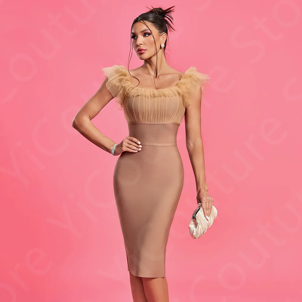 Cocktail Party Dresses khaki Tea Length Homecoming Gowns Cap Sleeves Pageant Dresses Square Neck Back Out