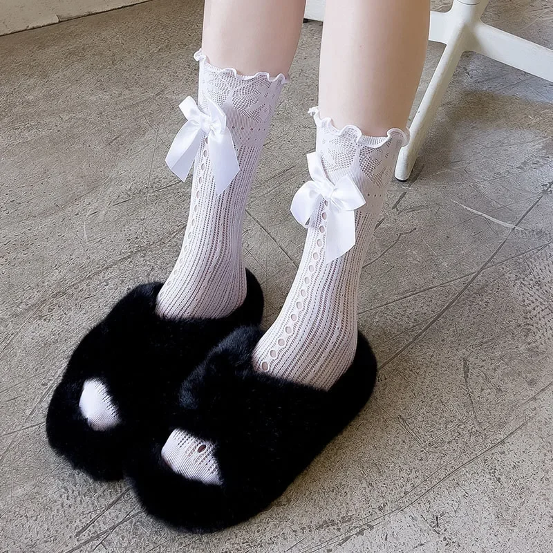 1 Pair Girl Sweet Bow Tie Socks Women Black Lolita Japanese Lace Mesh Fishnet Socks Elasticity Net Yarn Thin Children JK Socks