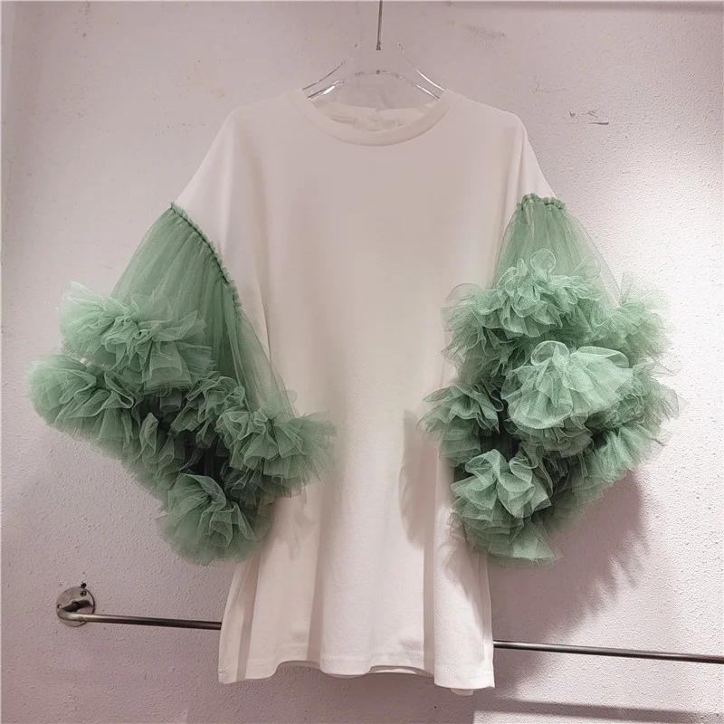 

Tees Top 2023 Summer New Tide Loose Fit T Shirt 6U211 Women T-shirt Patchwork Mesh Pink Ruffle Short Sleeve Contrast Color