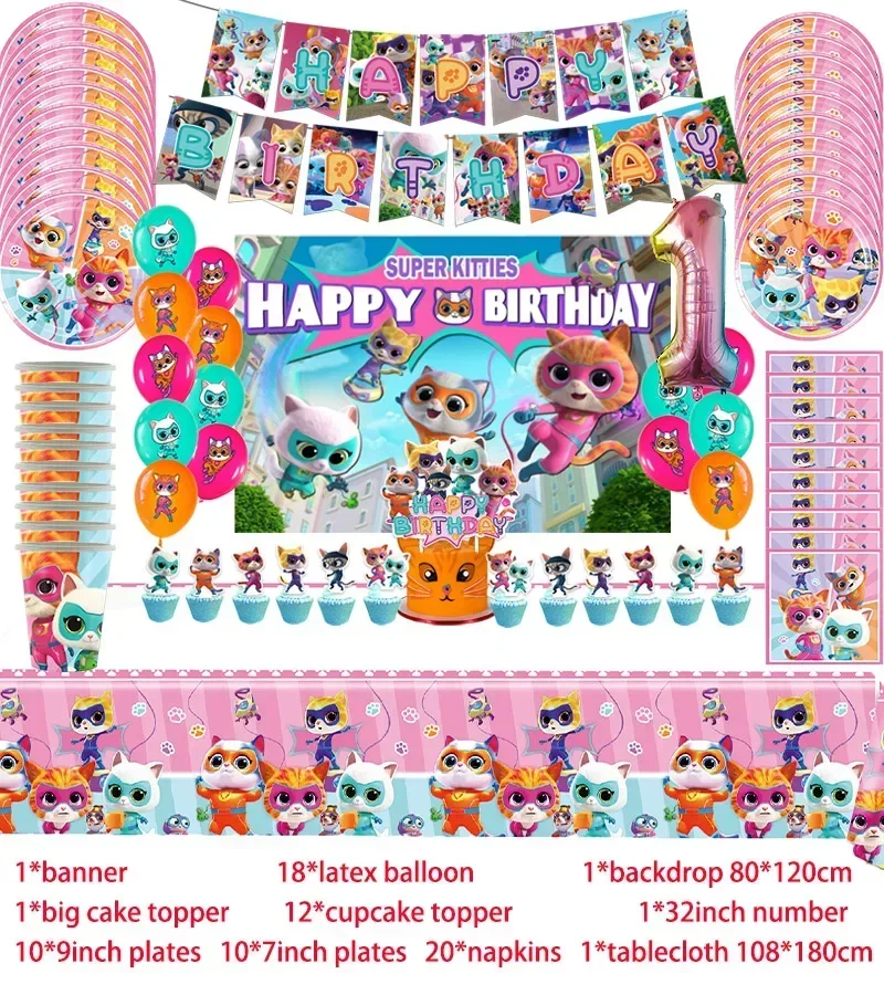 Description Picture 4 of itemCartoon Superkitties Birthday Party Decoration Super Kitties Tableware Balloon Cake Topper Party Supplies Baby Shower