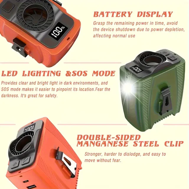 Portable Waist Fan with Power Bank Function LED Light  & 10000mAh Battery Suitable for Outdoor Activities Camping Fishing Hiking 5