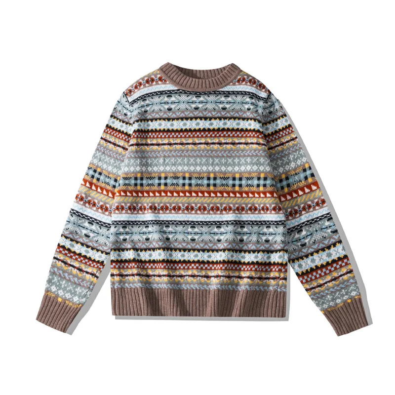 OKONKWO British retro round neck pullover sweater Fair Isle pattern sweater wool blend sweater 2