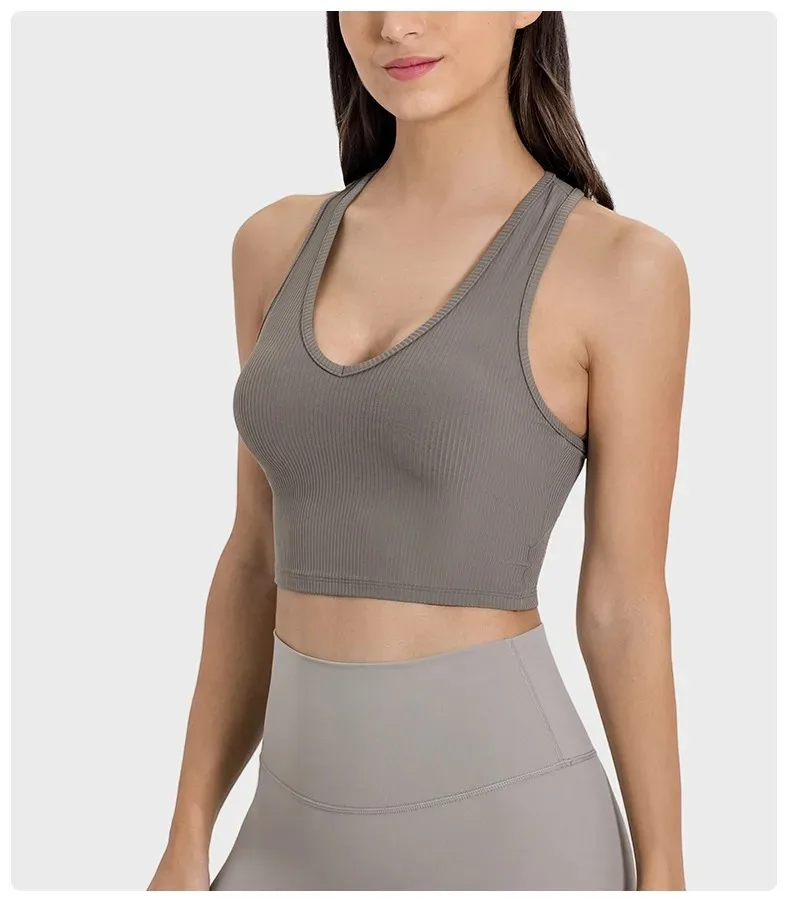 Lemon Women Gym Sport Top Outdoor Jogging Ribbed Fabric Fitness Underwear Leisure Commuting V-neck Tank Top Sport Bra Sportswear