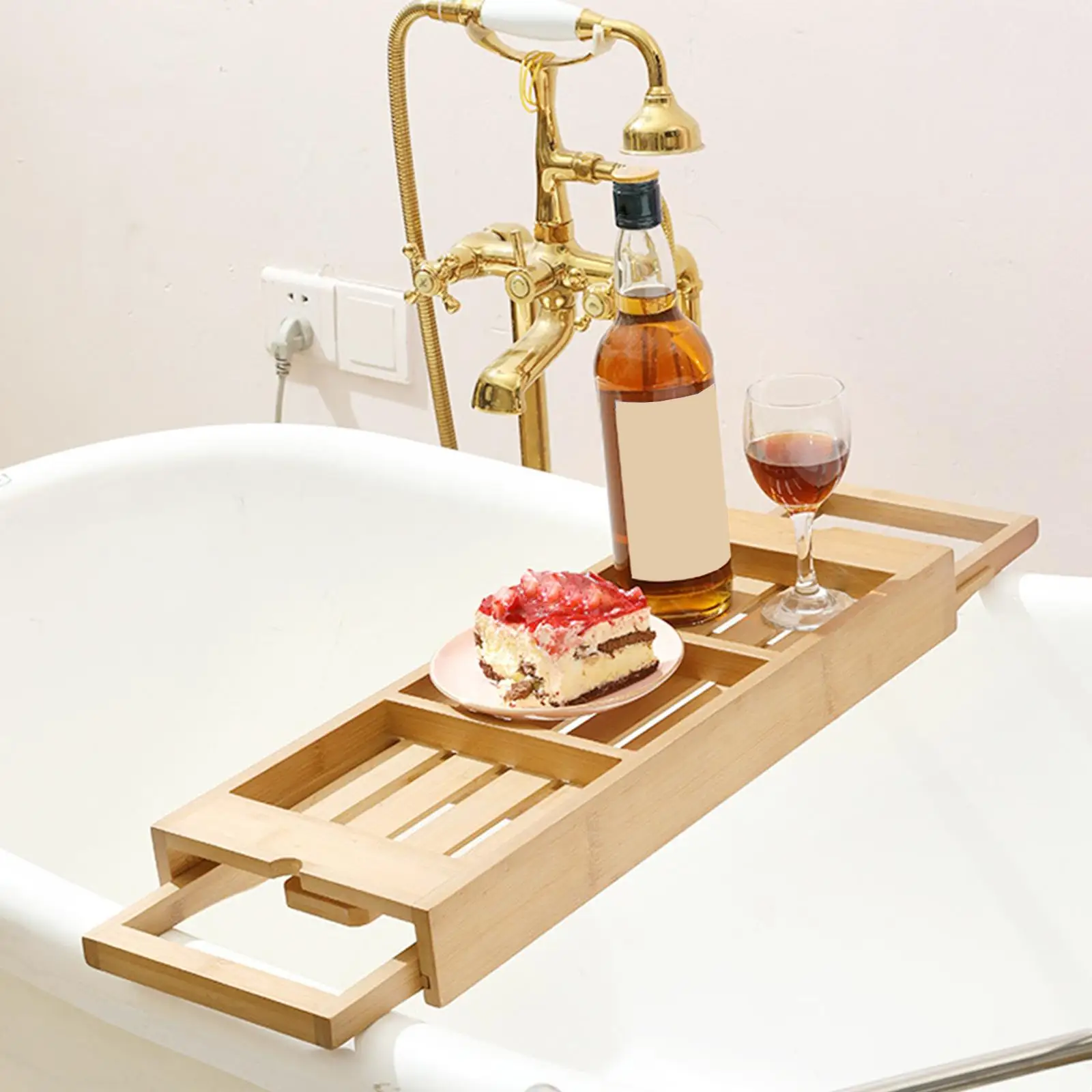 Bath Caddy Non Slip Stretchable Drinks Book Soap Expandable Bath Shelf Bathtub Tray for Tealight Towel Breakfast Bathroom Drinks