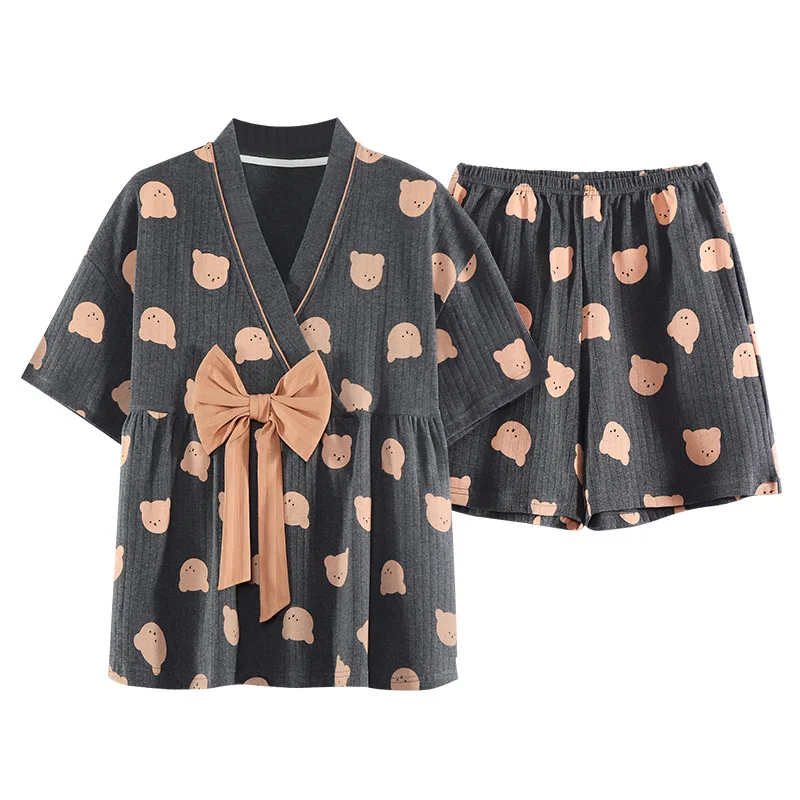 Spring New Women's Pajamas Set V Neck Pajamas Short Sleeve Shorts Cotton Thin Girl Wide Summer Season Song Home Furnishing
